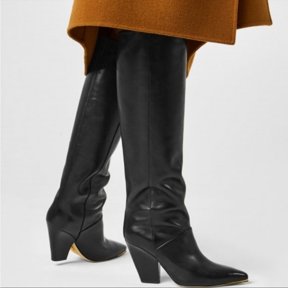 Tory Burch Shoes - TORY BURCH Soft Leather Gold Tip Toe Block Heel High Knee Boot Shoe Black NWT